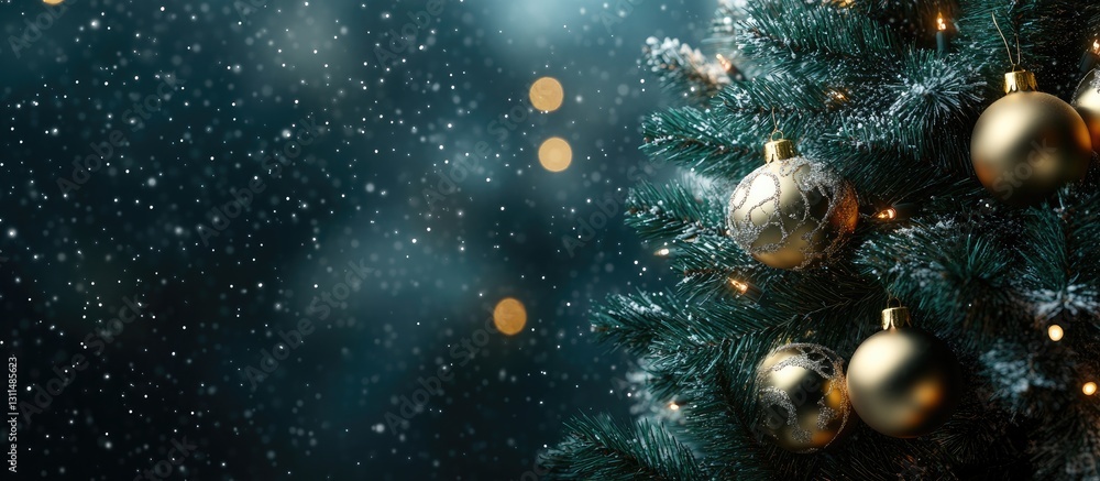 Poster Christmas tree adorned with golden ornaments on the right side against a snowy blue background with soft glowing bokeh lights.