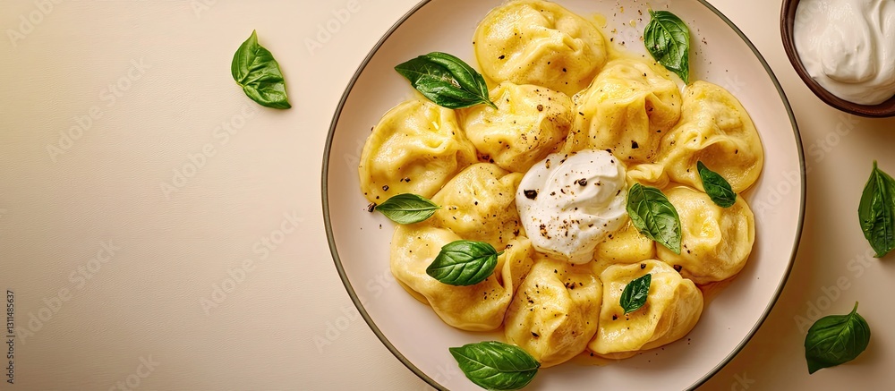 Poster Vibrant yellow boiled dumplings arranged in a circular pattern with fresh basil and sour cream on a beige background enhancing the dish's appeal.