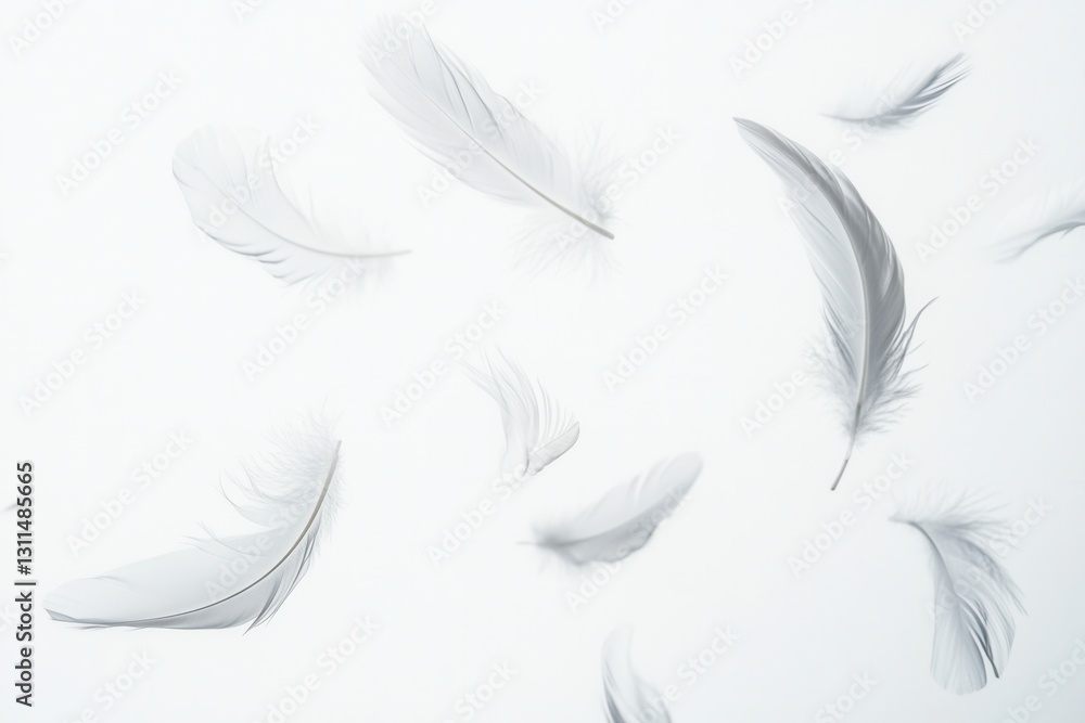 Leinwandbilder softly floating feathers create a dreamy, high key atmosphere against a pristine white background in