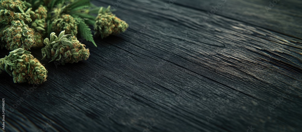 Poster cannabis buds with green leaves on a dark textured wood surface with ample copy space on the right s