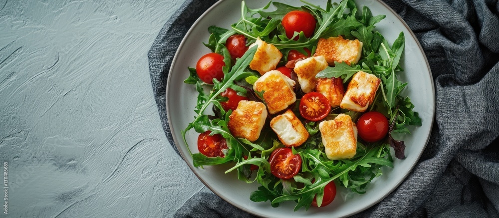 Poster Fresh salad with fried halloumi cheese cherry tomatoes and arugula on a white plate set on a gray textured background with fabric draping on side