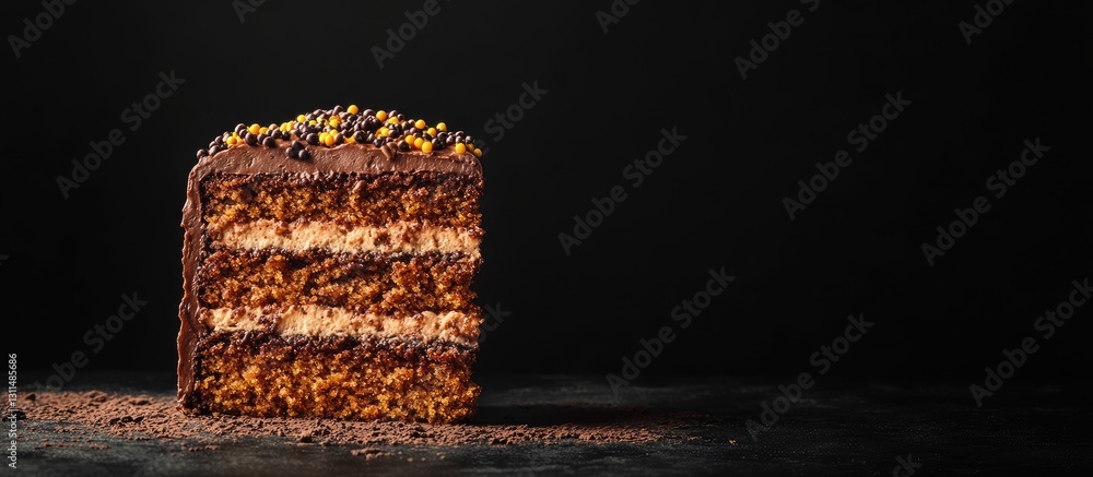 Poster Layered Carrot Cake with Rich Chocolate Frosting and Colorful Brigadeiro Sprinkles on Dark Background with Textured Surface and Soft Shadows