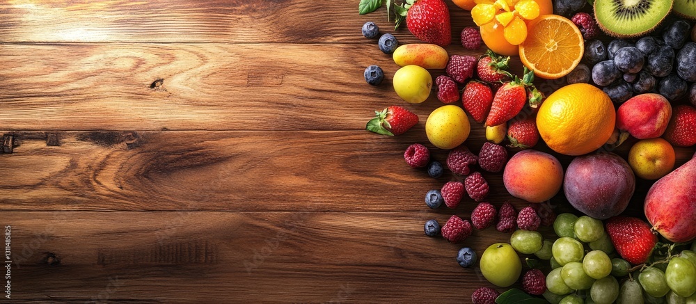 Poster Assorted colorful fruits including strawberries blueberries oranges and grapes arranged on a wooden surface with ample copy space on the left
