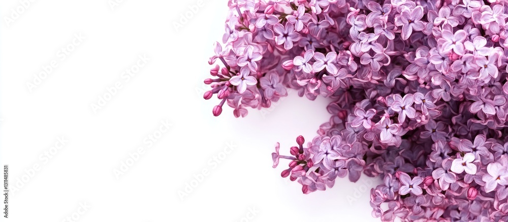 Poster Lilac flowers in soft lavender hues arranged on the right side with white background creating spacious copyspace for text.