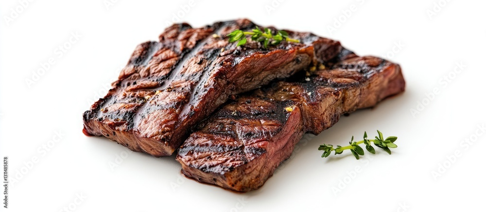 Poster grilled skirt steak slices arranged on a white background with fresh thyme sprigs accentuating the r
