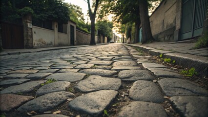 Close-up of cobblestone pavement, highlighting the rough texture and natural stone pattern, detailed road surface