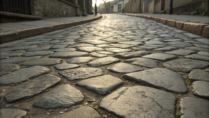 Textured cobblestone road surface, with natural stone colors and rugged pavement, ideal for backgrounds and textures