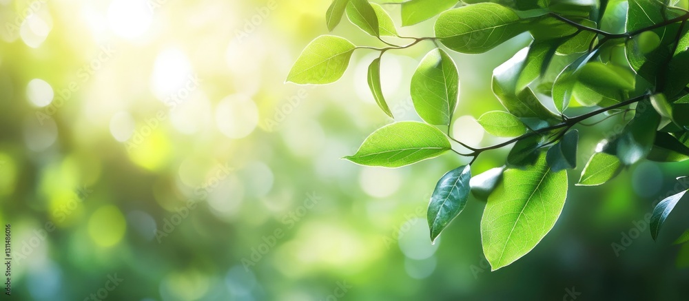 Fototapete Green leaves with soft bokeh light creating a tranquil atmosphere in a sunlit garden, positioned on the left side for copy space on the right.