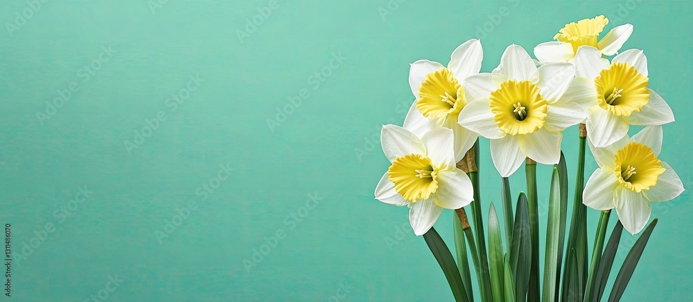 Aufkleber spring bouquet of bright yellow daffodils with white petals arranged on the right side against a sof