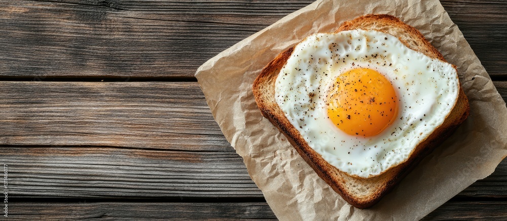 Aufkleber Fried egg on toasted bread slice placed on brown parchment paper with rustic wooden background creating a warm and inviting flat lay food scene