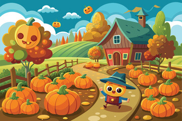 A cheerful character strolls through a vibrant pumpkin patch beside a quaint farmhouse in fall, Pumpkin patch Customizable Cartoon Illustration