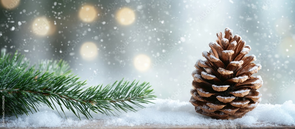 Poster pine cone rests on snowy wooden table adorned with green evergreen branch and falling snowflakes aga