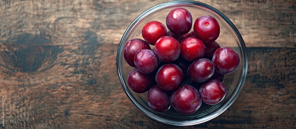 Aufkleber fresh cherry plums in a clear glass bowl centered on a rustic wooden table showcasing dark red hues 