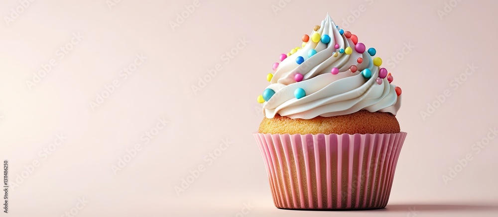 Poster colorful birthday cupcake topped with swirled frosting and pastel sprinkles on a light pink backgrou