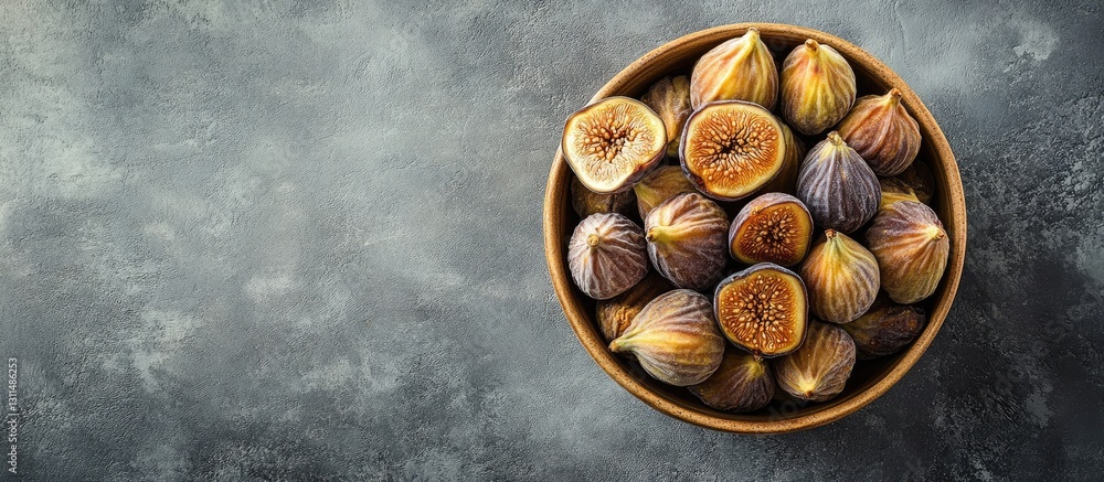 Poster Bowl of dried figs arranged in a circular pattern against a textured grey background with ample space on the left for text placement