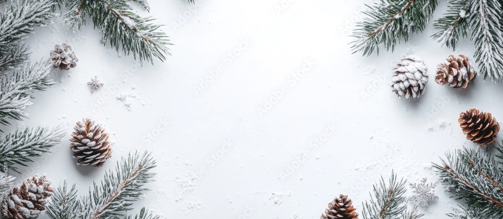 Poster christmas and new year card mockup arranged with green pine branches and brown cones on a white back