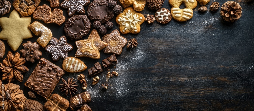 Poster aerial view of assorted traditional christmas spekulatius cookies arranged artistically on dark rust