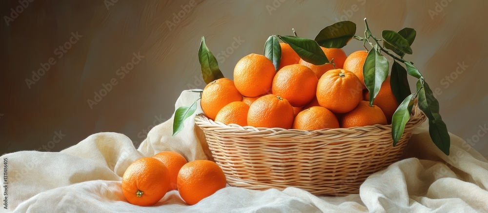 Poster basket of vibrant tangerines resting on a soft beige tablecloth with green leaves accentuating the r