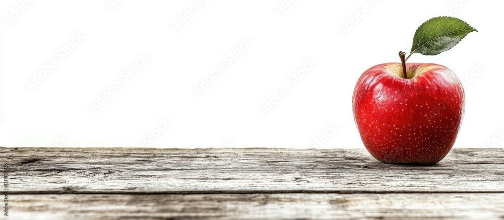 Poster red apple with a green leaf on aged wood tabletop against a white background creating a rustic and f