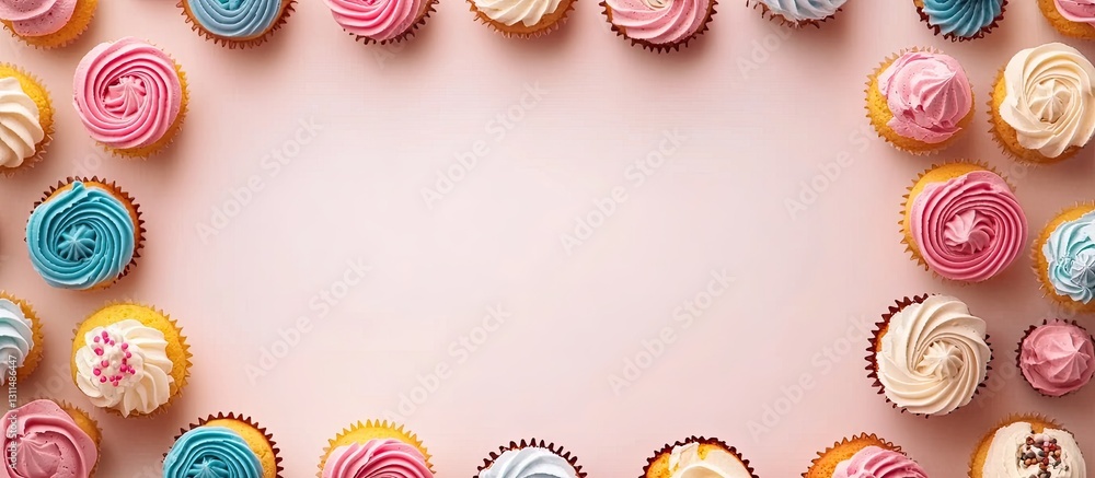 Poster colorful arrangement of cupcakes in shades of pink and blue with swirled frosting, framed on a soft 