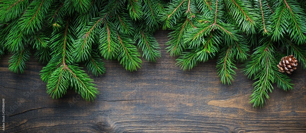 Poster Fluffy green pine tree branches framing an old rustic wooden table creating a winter holiday theme with top view and ample copy space