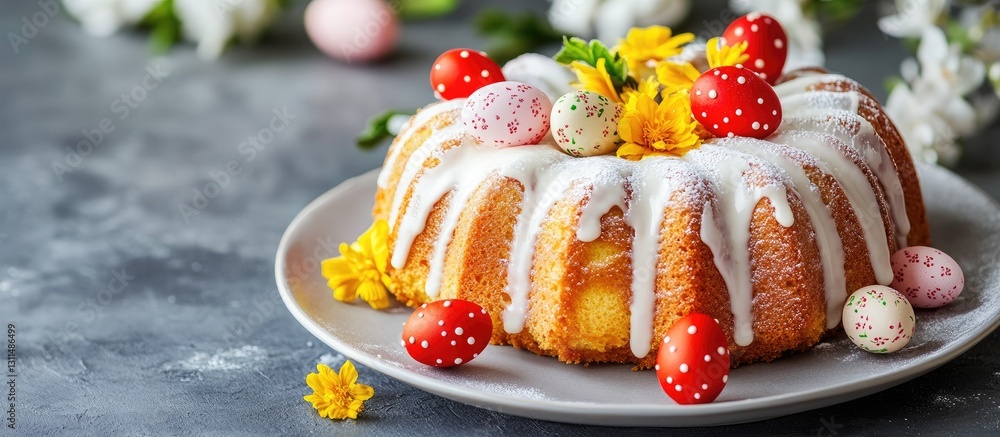 Aufkleber Easter cake adorned with colorful eggs and flowers on a light grey background with soft floral elements softly blurred in the background