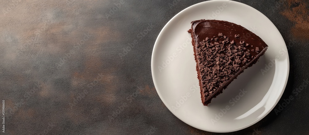 Poster triangular slice of rich chocolate cake with chocolate sprinkles on a white plate against a dark tex