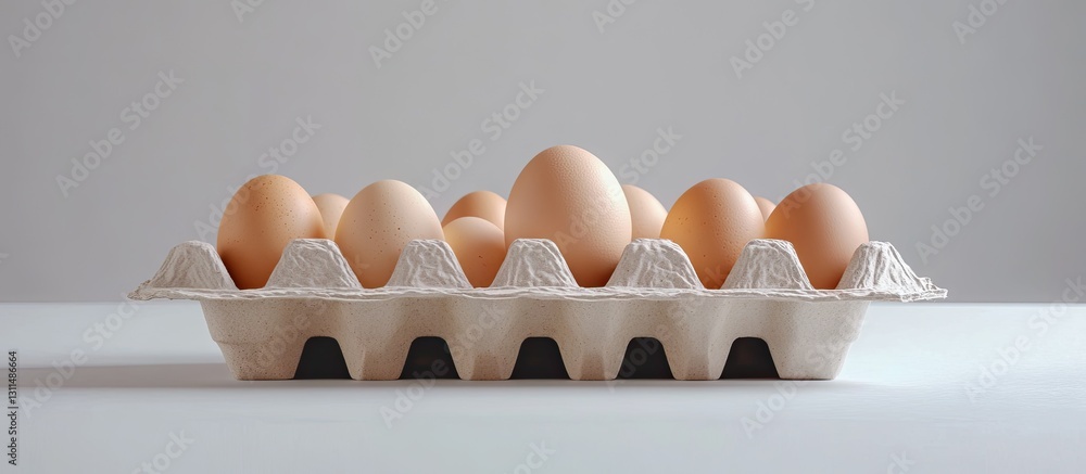 Poster brown eggs in a light beige carton with one egg missing on a clean white background, creating a mini