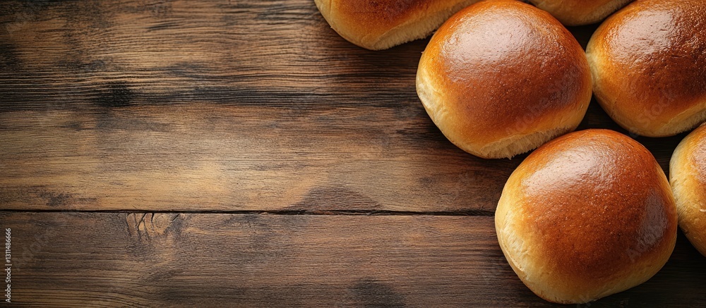 Aufkleber Golden brown buns arranged on a rustic wooden surface with a textured background featuring ample blank space for customizable text.