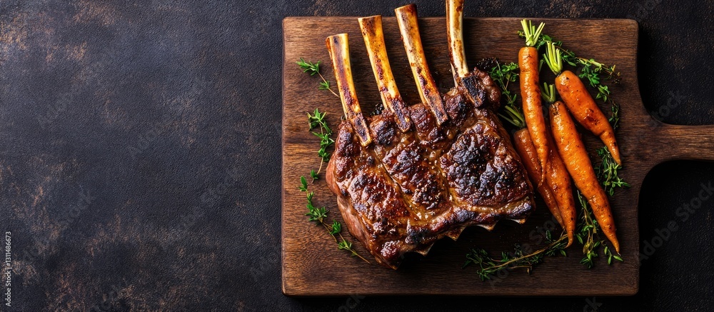 Poster top view of a grilled rack of lamb with caramelized carrots and fresh herbs arranged on a dark woode