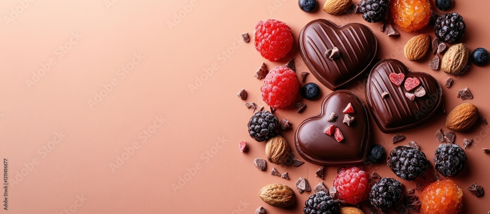 Poster chocolate heart-shaped candies surrounded by nuts and fruits on a soft orange background, top view w