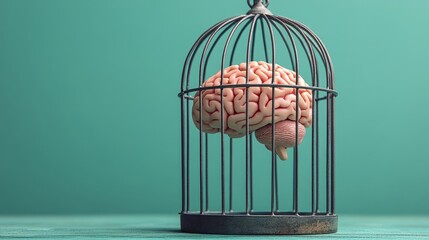 Vibrant surreal brain in a cage, depicting limitation and control