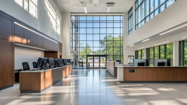 Modern building lobby, sunlight, reception desks, trees outside, public service