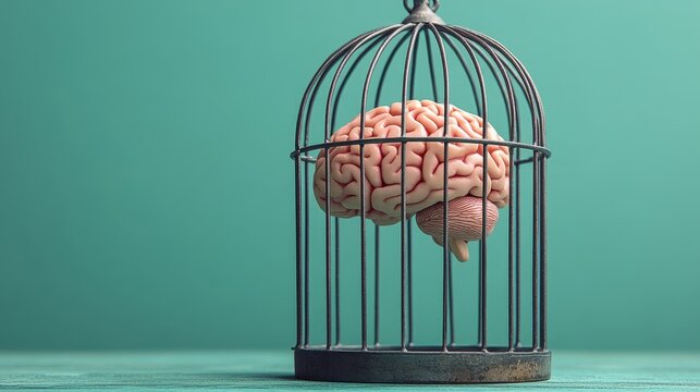 Vibrant surreal brain in a cage, depicting limitation and control