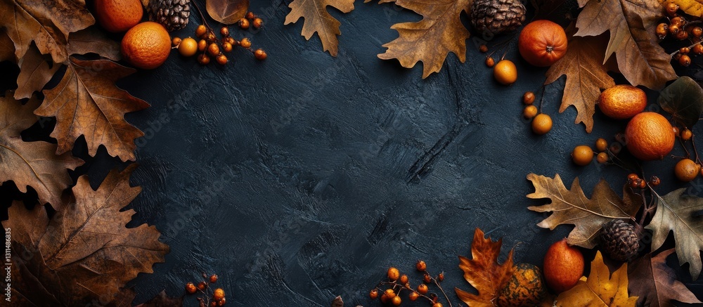Aufkleber autumn leaves and fruits in warm browns and oranges arranged on a dark textured background with empt