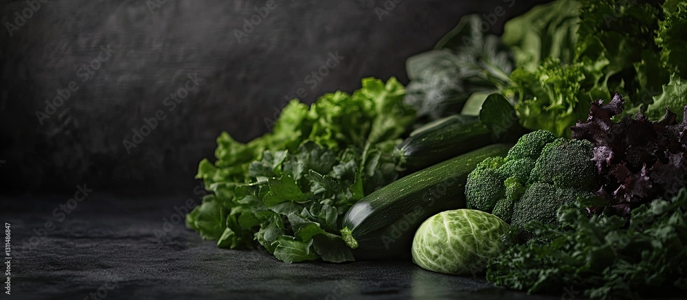 Poster Fresh assorted green vegetables including cucumber and broccoli on a dark textured surface with lush leafy greens positioned prominently.