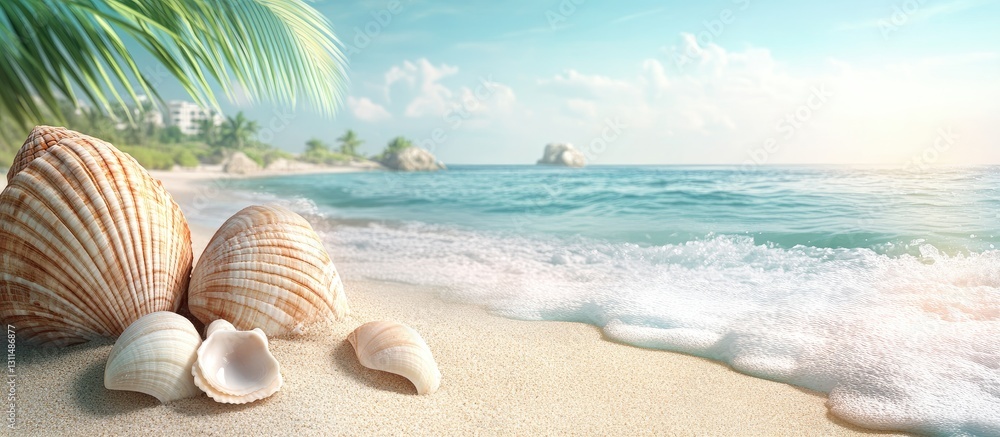 Poster beach scene with shells on soft sand, turquoise waves lapping shore, palm leaves on the left, bright