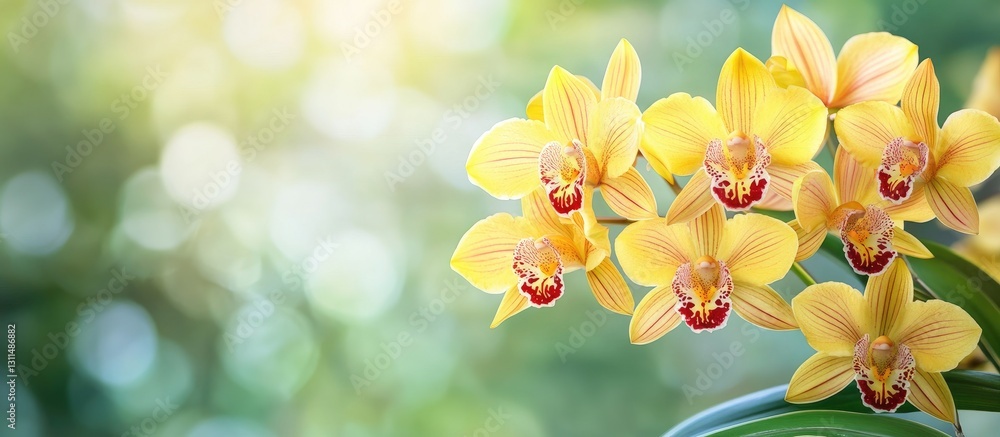 Poster Yellow orchids with red stripes prominently displayed on the right side against a blurred green background with soft bokeh lighting.