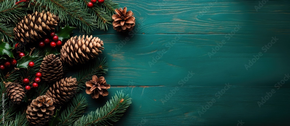 Aufkleber christmas decoration featuring pinecones and holly branches arranged on a dark green wooden backgrou