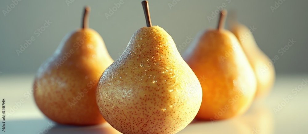 Poster golden ripe pears arranged with a prominent focus on the front pear against a soft blurred backgroun