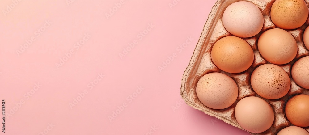 Poster chicken eggs arranged in a brown carton on the right of a soft pink background minimalist design per