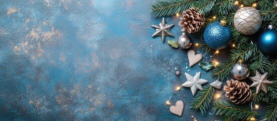 Festive Christmas table setting with pine branches blue and silver ornaments stars hearts cones and spices arranged on blue textured background