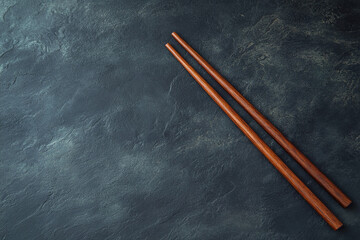 Pair of elegant brown wooden chopsticks on a dark textured surface. Ideal for food blogs, restaurant menus, or Asian cuisine publications.