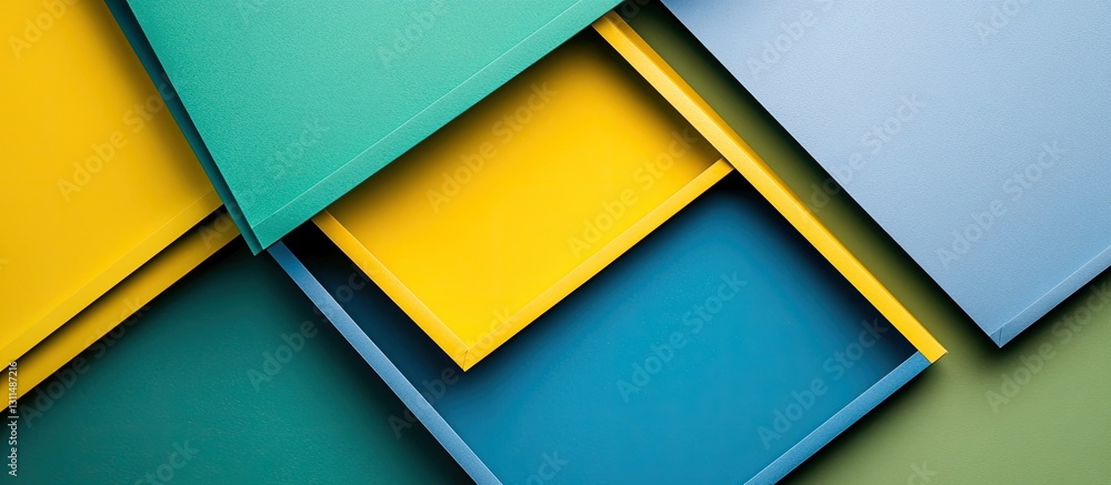 Poster geometric layout of blue green and yellow segmented paper layers with ample copy space on top agains
