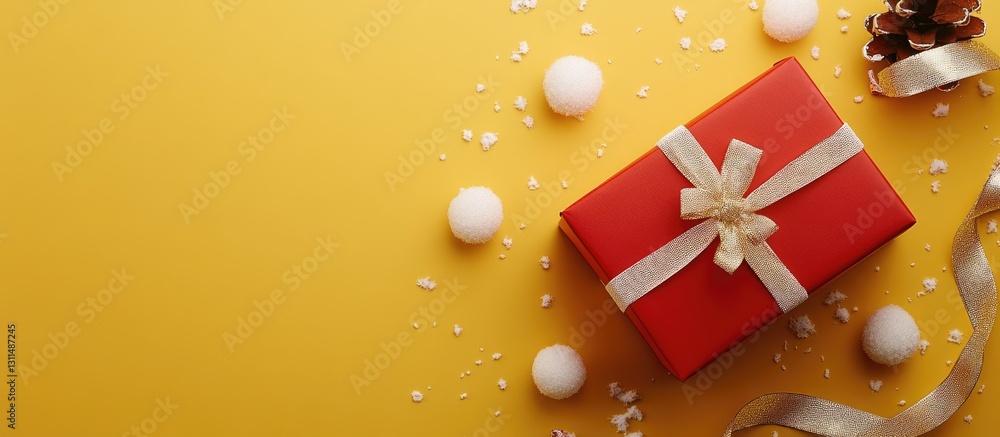 Poster red gift box wrapped with gold ribbon surrounded by white snowballs on a bright yellow background wi