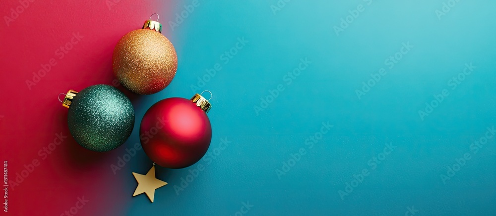 Poster colorful christmas ornaments in red green and gold arranged in a triangle on a vibrant blue backgrou