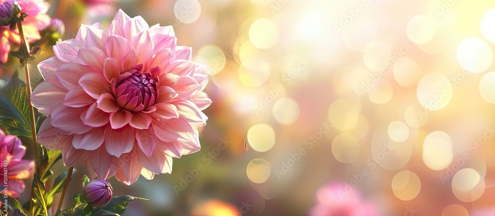 Poster Vibrant garden scene featuring large pink dahlia on the left with soft luminous bokeh background in warm tones creating ample copy space on the right