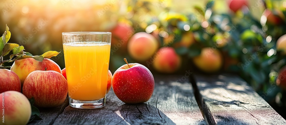 Poster freshly squeezed apple juice in a clear glass on rustic wood; vibrant red and green apples surrounde