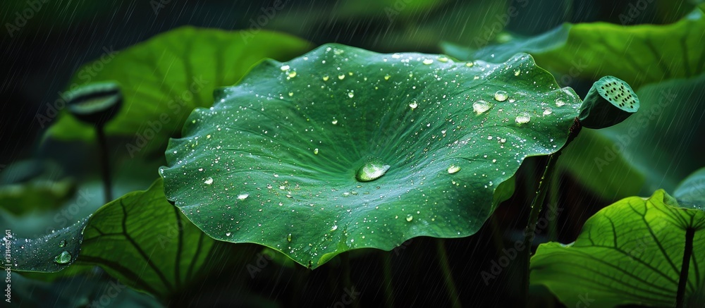 Aufkleber vibrant green lotus leaf with raindrops at the center surrounded by lush foliage creating a serene a