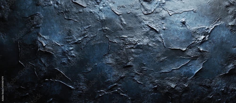Fototapete Dark textured wall with blue undertones and deep shadows featuring rough, cracked patterns and a smooth center, creating a dramatic abstract effect.